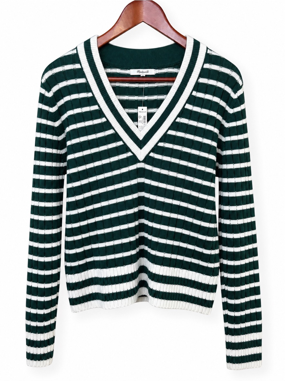 Madewell Shrunken V-Neck Varsity Sweater Spruce Ivory Stripe Women's XL NWT